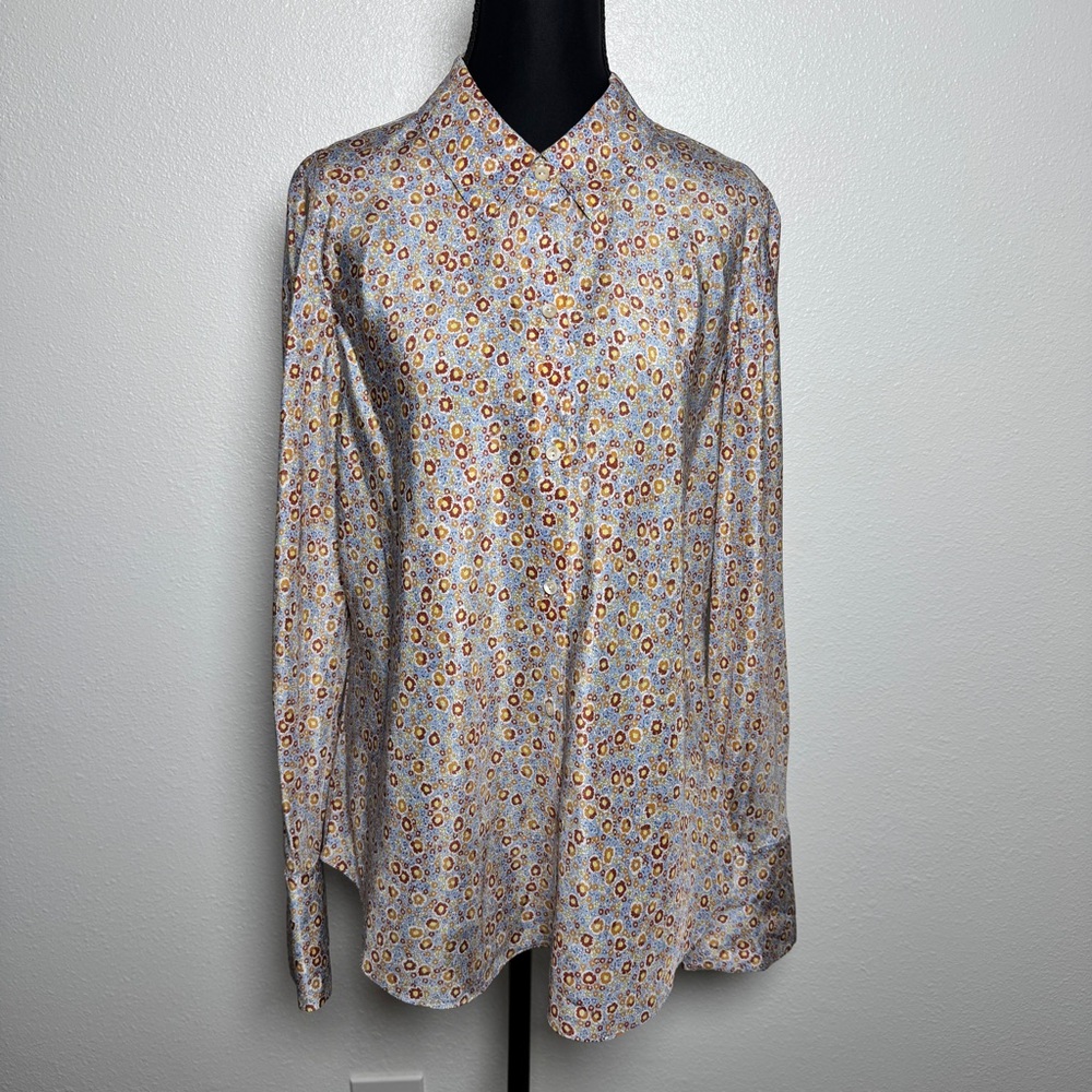 Rebecca Taylor Silk Floral Blouse 10 Blue Button Down Workwear Violet Fleur - Picture 2 of 8